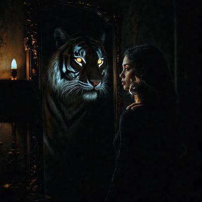 The primary subject of the image is a woman standing in front of a mirror. The setting is a dark room, and the visual style appears to be a photo. The woman is wearing a black shirt, and the dominant colors in the image are black and white. The overall atmosphere of the image is mysterious and intriguing.